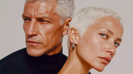 Male and female models posing closely with stylish expressions  