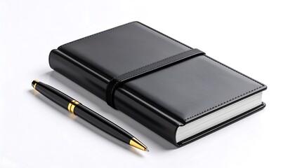 Elegant black journal and pen resting on a clean white backdrop, minimal