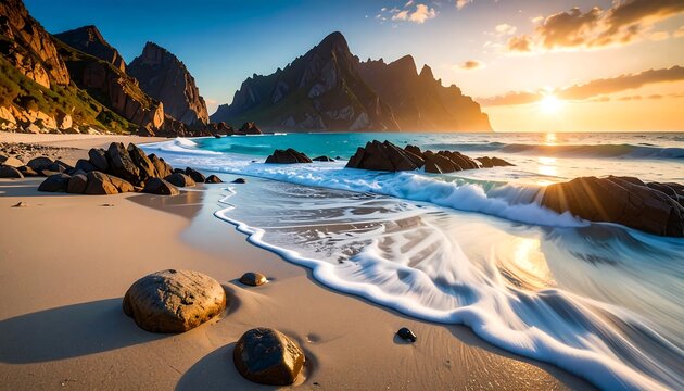 Serene sunset over a secluded beach with turquoise water lapping the shore,  dramatic rock formations in the background