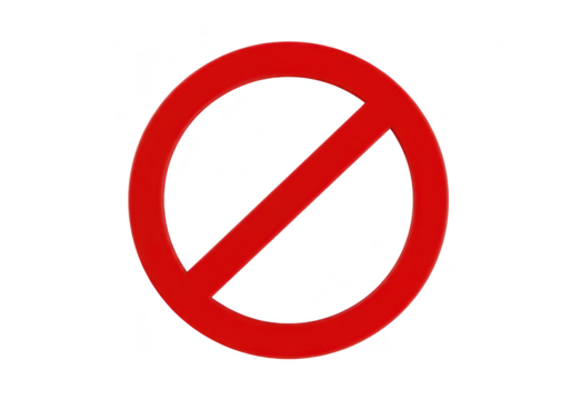 Red prohibition sign with a diagonal line across it, isolated on a transparent background, symbolizing a ban or restriction
