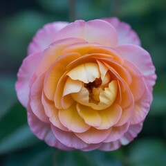 Delicate pink and yellow rose bloom with soft petals and blurred green background