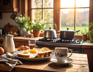 A Peaceful Start Eggs, Toast, and Coffee on a Rustic Kitchen Table in a Sunny Morning Light