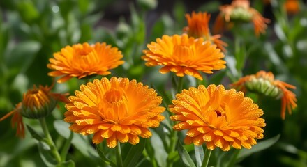 Radiant calendula blossoms adorned with morning dew in a serene garden scene