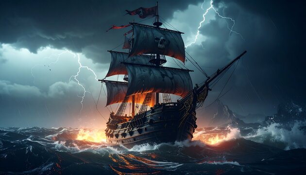 Pirate galleon engulfed in flames, sailing through stormy seas under a lightning-filled sky