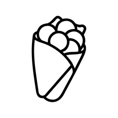 Black and White Outline Fast Food and Street Food Icons &mdash; Burger, Hot Dog, Pizza Slice, Whole Pizza, Taco, Sandwich, French Fries, Fried Chicken Drumstick, Sushi Roll, Noodles in Takeout Box, Kebab Sk
