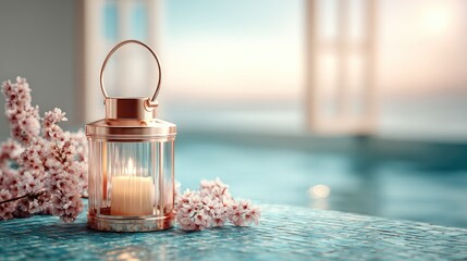 Rose gold lantern with candle and cherry blossoms on a teal surface.