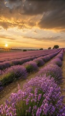 Obraz premium A vast lavender field in full bloom, with rows of purple stretching endlessly under a golden evening sky
