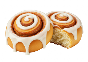 Two delicious cinnamon rolls with white icing, one with a slice removed, isolated on a transparent background