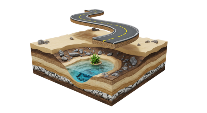 3d illustration with cut of the ground and the desert road floating in the air, isolated on white background, png



