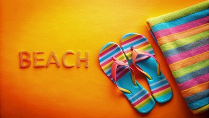 A vibrant beach towel with a pair of colorful flip-flops placed on it. The background is a smooth, warm orange gradient, providing a blank area for text