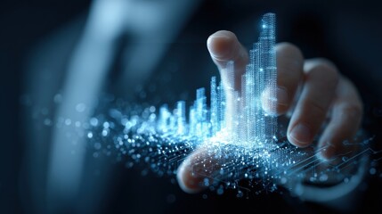 Digital Cityscape: Finger Touching Futuristic Holographic Architecture with Glowing Data Stream.