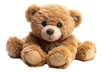 Fototapeta premium A soft brown teddy bear lying down with a in a close up shot isolated on white background PNG.AI Generated.