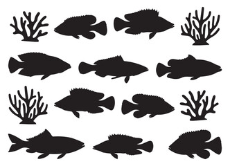 Fototapeta premium black and white silhouette vector set of fish