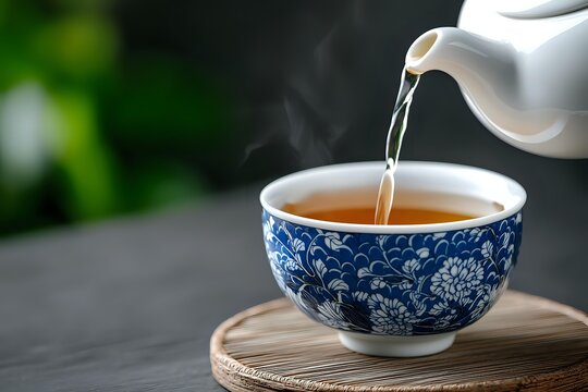 Hot tea pouring from white ceramic teapot into traditional blue and white porcelain cup with floral pattern on wooden coaster against dark background with steam rising.