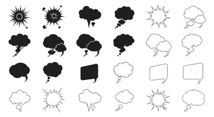 A collection of comic book speech bubbles, thought clouds, and explosion icons in black silhouette and outline styles.