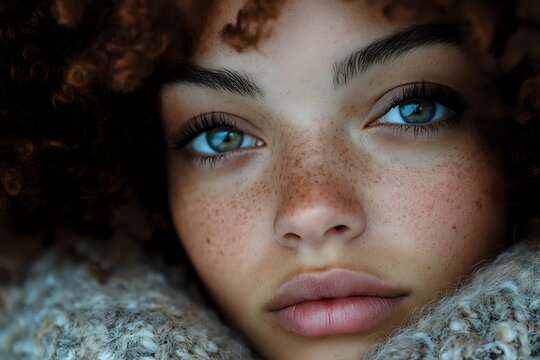 Close up portrait of young woman with curly hair, bright blue eyes and natural freckles wearing cozy winter sweater, looking directly at camera with confident expression.