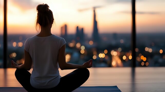 Young woman in lotus position meditating on rooftop terrace overlooking city skyline at sunset, wearing casual white t-shirt and practicing mindfulness against urban backdrop.
