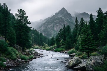 A minimalist mountain stream, embracing nature and finding your authentic self. A serene river flows through a valley, surrounded by lush greenery and majestic mountains, symbolizing personal growth.
