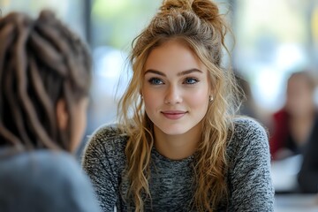Young woman with messy bun hairstyle and blue eyes wearing gray sweater smiling warmly during casual conversation in bright cafe setting.