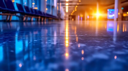 Obraz premium Dramatic low angle view of empty airport terminal with reflective floor capturing golden sunset light and blue tones, creating atmospheric perspective.