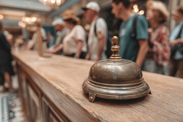 Antique service bell on wooden counter, blurred people in background