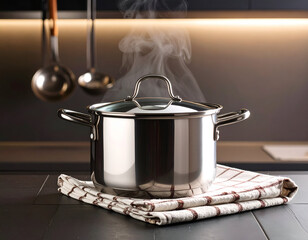 A steaming simmering stew pot beside a kitchen towel and ladles, ready for cooking.