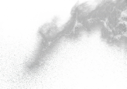 Abstract explosion of grey dust particles against a bright transparent background, isolated on transparent background