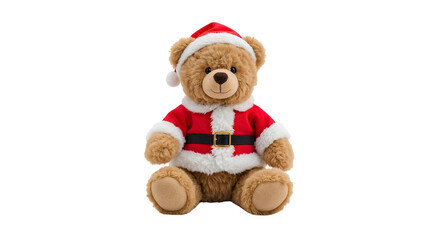 Adorable teddy bear in santa costume isolated on the transparent background for christmas decor and holiday gifts