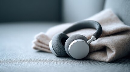 Advice for broke relationships concept. Stylish headphones resting on a soft blanket in a cozy setting.