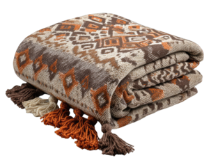 Folded blanket with intricate geometric pattern in beige, brown, and orange