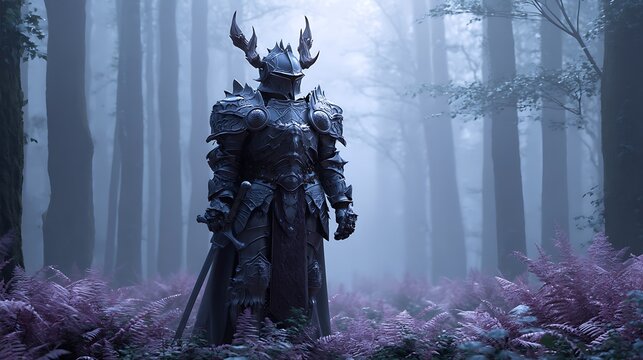 A mysterious armored warrior standing in an enchanted moonlit forest, blending fantasy elements with a sense of ancient power and mystery.