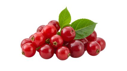 Obraz premium Fresh red cranberries with green leaves isolated on the transparent background for food, health, and natural ingredient concepts