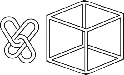 Abstract illustration of geometric shapes, a cube and a knot, isolated on white background.