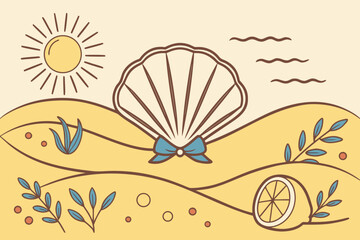 Seashell on sand with sun and lemon slice vector illustration