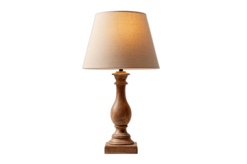 Light beige linen lampshade on a light brown wooden base (1)