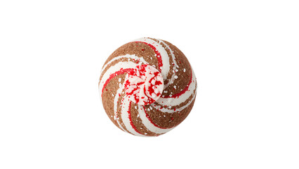 Peppermint chocolate swirl bath bomb with red and white topping on isolated white background