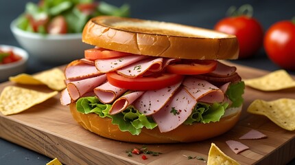 A delicious and hearty deli sandwich overflowing with thinly sliced meats fresh lettuce and ripe tomatoes served with crispy tortilla chips and a side salad