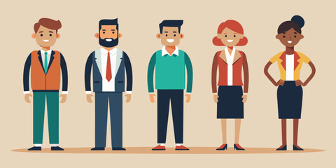 Five professionals in lineup wearing different formal outfits, flat vector corporate diversity and professional attire concept illustration