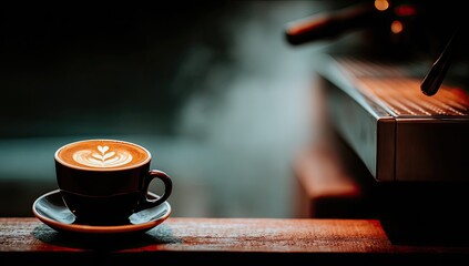 Dark-toned latte art in a cafe