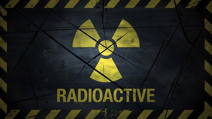 A weathered and cracked radioactive warning symbol with the word radioactive prominently displayed on a dark textured background with hazard stripes