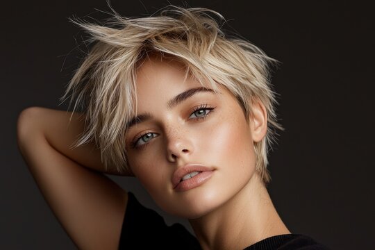 Person with chic pixie cut featuring feathered, textured layers exudes bold and confident style. hairstyle is modern and edgy, enhancing individual striking features