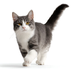 Adorable grey and white kitten walking with tail held high