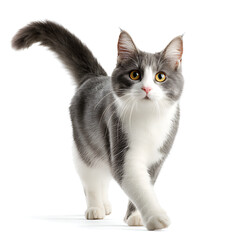 A domestic shorthair cat walks forward on a white background