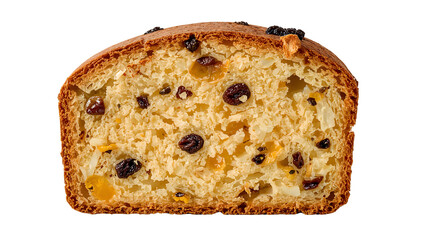 Closeup of traditional italian panettone slice showing fluffy texture and mixed dried fruits on the transparent background