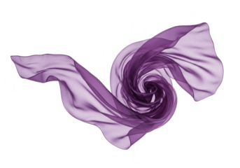 A flowing purple chiffon scarf swirling in a spiral shape, isolated on a transparent background
