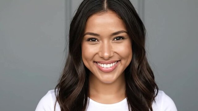 Smiling woman with dark hair and light skin Head and shoulders portrait