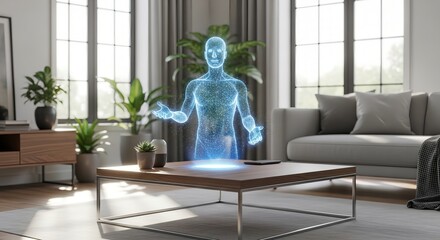 Dynamic holographic human projection in modern living room symbolizes future technology