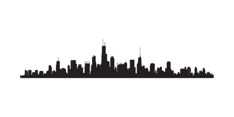 Black and White Silhouette of City Skyline with Skyscrapers Against White Background