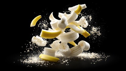 Sliced bananas in mid-air, against a dark background, with a powdered effect