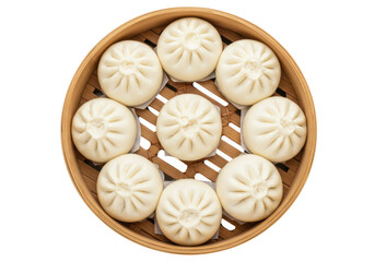 Top view of delicious steamed bao buns arranged in a bamboo steamer basket, isolated on transparent background